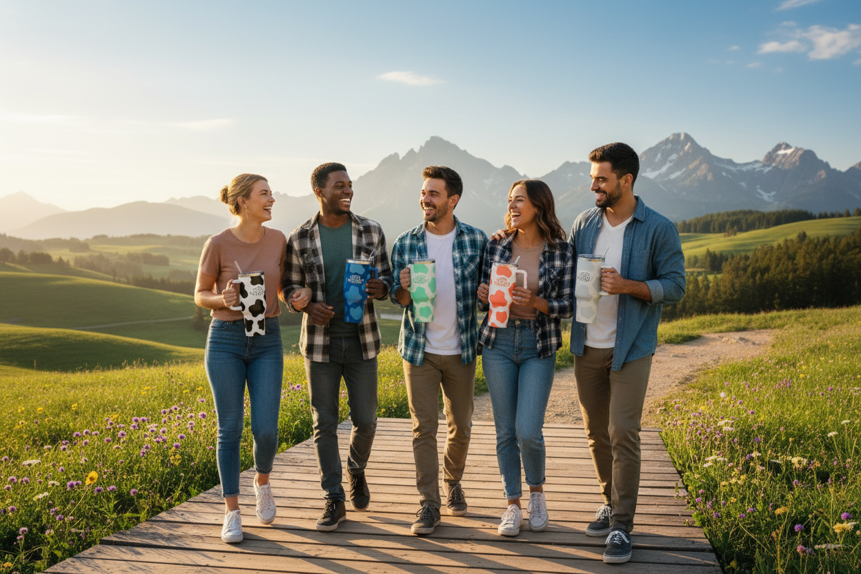 Group of people with Chill Canyon tumblers outdoors