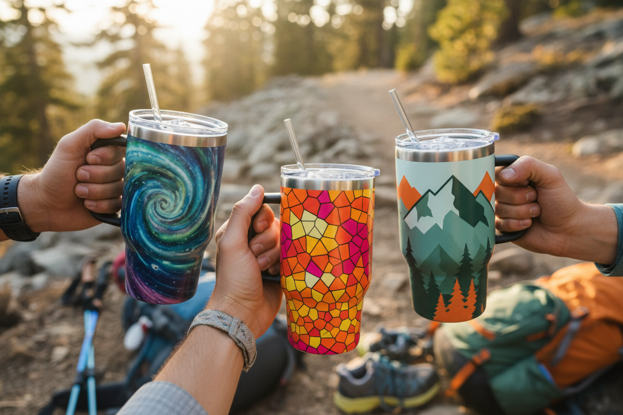 Three hikers holding 40 oz tumblers close-up