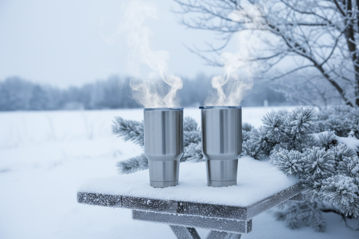 Two 40 oz tumblers in snowy weather with steam